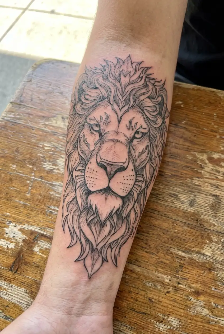 Half-sleeve upper arm tattoo design in blackwork style, a fierce lion head in the center, detailed linework and dotwork  tattoo design idea