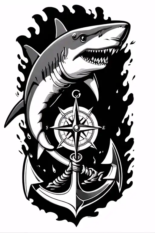boat anchor and compass shark emerging victoriously from the ashes tattoo design idea