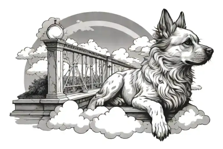 a medium-sized, short fur dog sitting on an arch bridge with clouds and a rainbow  in front of Heaven's gates tattoo design idea
