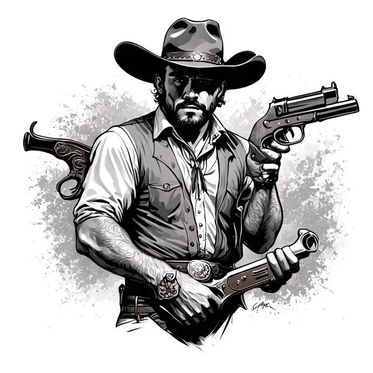 western cowboy robbery scene tattoo design idea