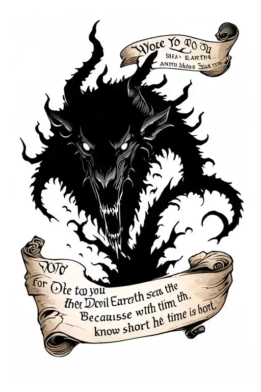 Scroll saying Woe to you, Oh Earth and Sea,for the Devil sends the beast with wrath,because he knows the time is short tattoo design idea