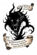 Scroll saying Woe to you, Oh Earth and Sea,for the Devil sends the beast with wrath,because he knows the time is short tattoo design idea