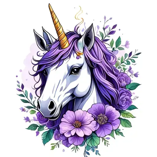soft purple flowers surrounding a magical unicorn tattoo design idea