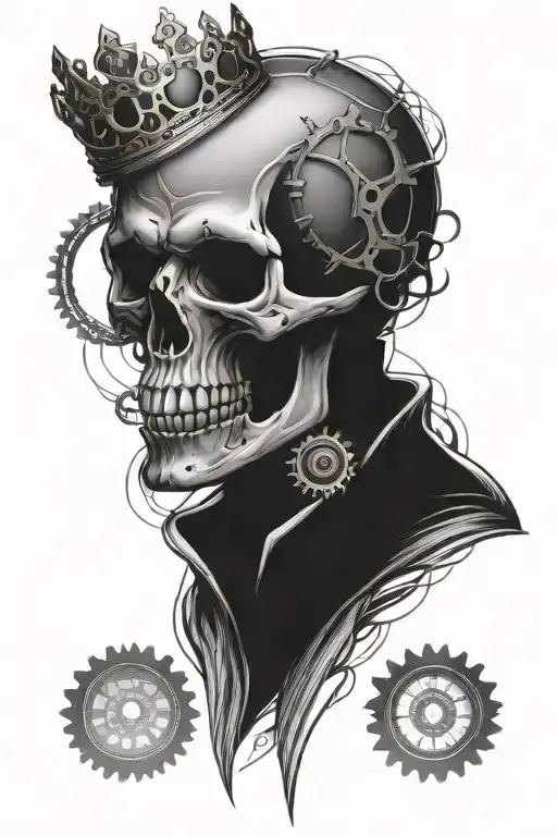 king skull, 3 clocks vertical line. and gears intertwined tattoo design idea
