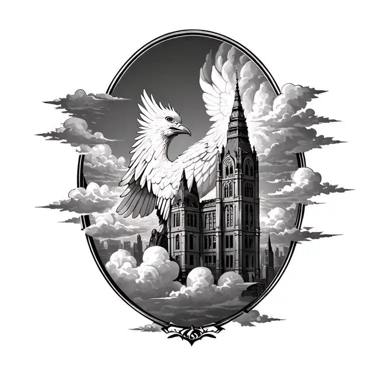 liver bird building surrounded clouds forming the shape tattoo design idea