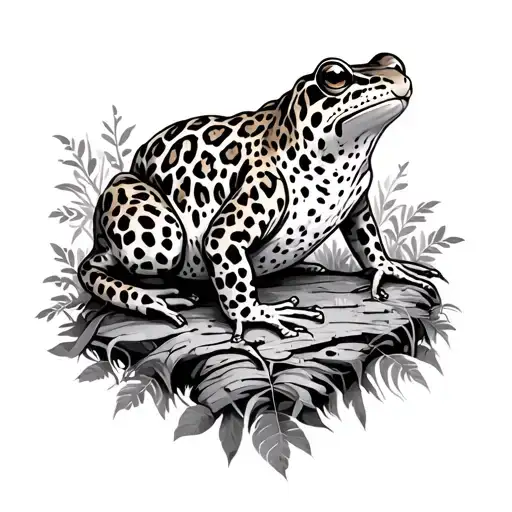 leopard and dart frog in forest scene tattoo design idea