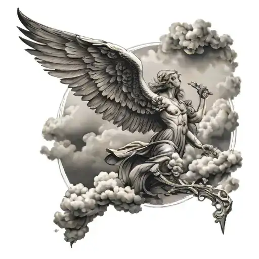 I would like a tattoo with angels, demons and clouds. which represent solitude and the desire for freedom on the lower p tattoo design idea
