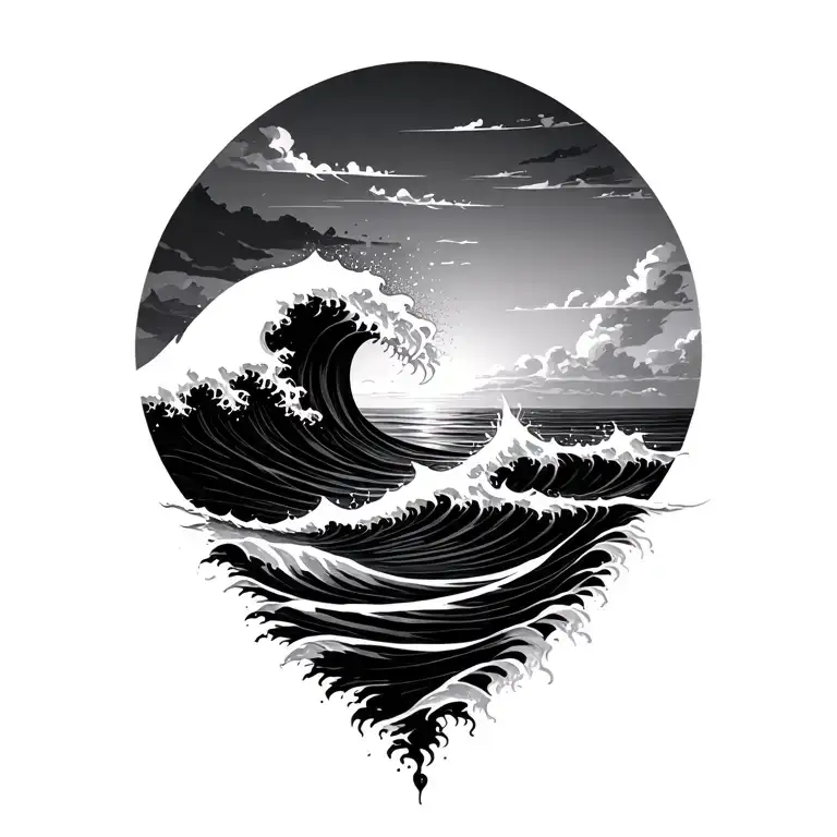 sunset ocean wave merging tattoo design idea