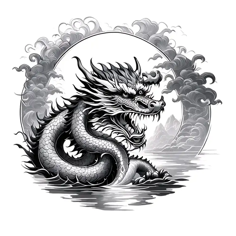 river of life, japan dragon  wrapping round the river. oni mask in background tattoo design idea