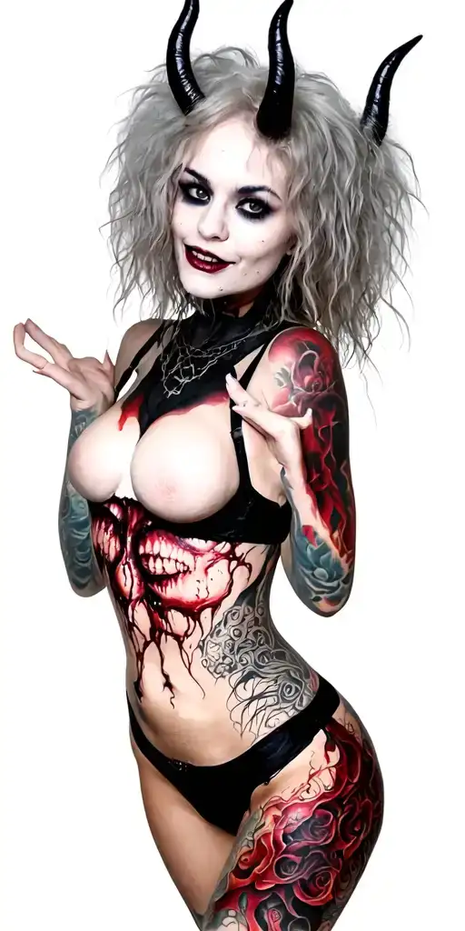 Sexy Pale Girl, petite, big boobs, wide hips, G-String. Messy hair, demonic horns, sexual. Seductive smile. Full Body tattoo design idea