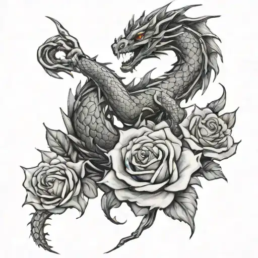 dragon behind blooming rose tattoo design idea