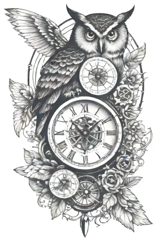 Owl Dragonfly Compass Clock Cogs tattoo design idea