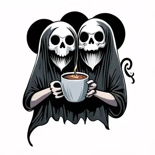 Matching 2D minimalist cute ghost tattoo where one is holding a skull mug with hot coffee in it and the other is holding tattoo design idea