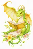 cute dragon reading a book surrounded by flowers and butterflies tattoo design idea