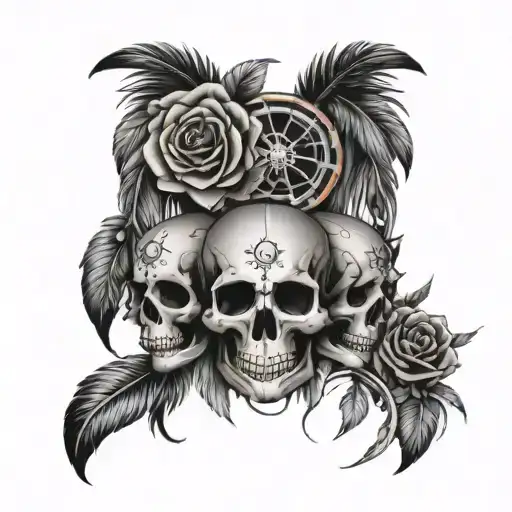 sugar skulls around a dreamcatcher with feathers and rainbow colored roses tattoo design idea