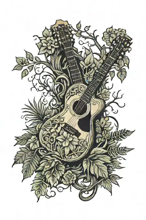xcaret jungle with animals, vines and trees with acoustic guitar as a trunk full arm sleeve tattoo design idea
