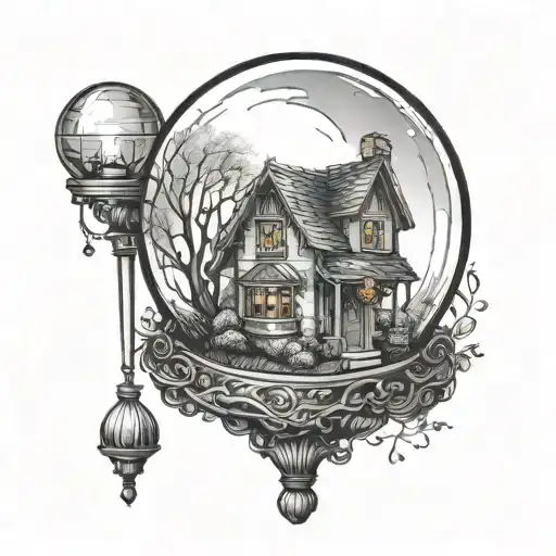 “A crystal ball with a small lamp at the top. Below the lamp, there is a house, and beside it are gifts, symbolizing tha tattoo design idea