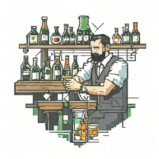 A pixelated Bartender character serving drinks in a gaming-themed bar tattoo design idea