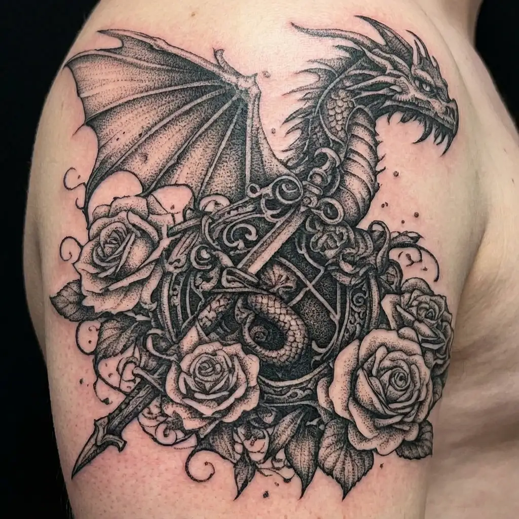 lust, love, passion, sexual fantasy, roses, stars, dragon, sword tattoo design idea