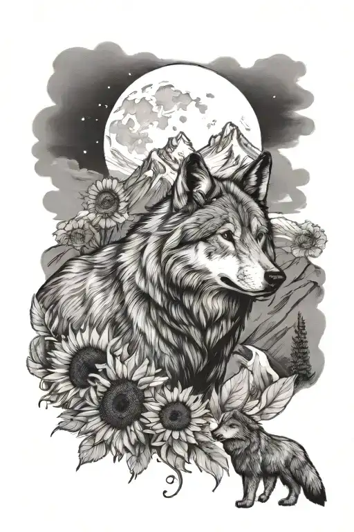 Teton Mountain Range with a wolf, waning cresent moon, and sunflowers tattoo design idea