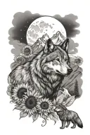 Teton Mountain Range with a wolf, waning cresent moon, and sunflowers tattoo design idea