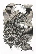 Teton Mountain Range with a wolf, waning cresent moon, and sunflowers tattoo design idea