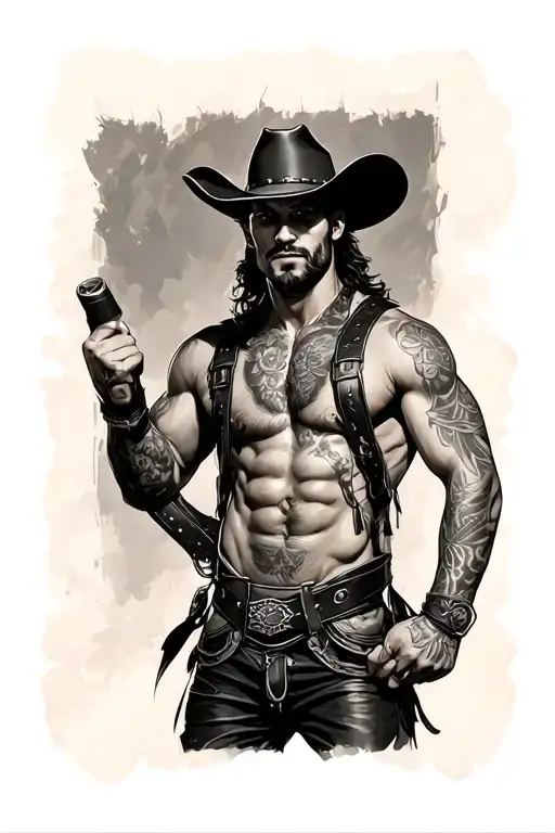 Gay cowboy in leather harness, chaps, and boots tattoo design idea