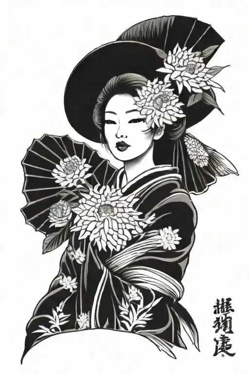 geisha using oriental straw hat with chrysanthemum floral filler tattoo design idea
