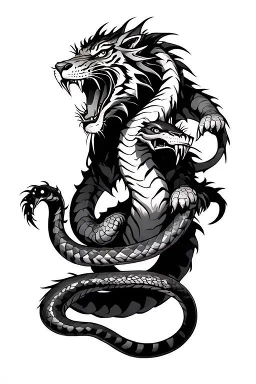 dragon intertwined, a lion turlte creature fighting with it, a tiger clawing, a venomous snake with sharp fangs tattoo design idea