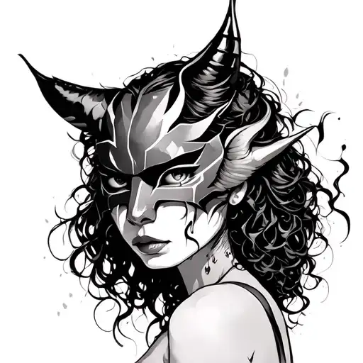 woman wearing broken oni mask tattoo design idea