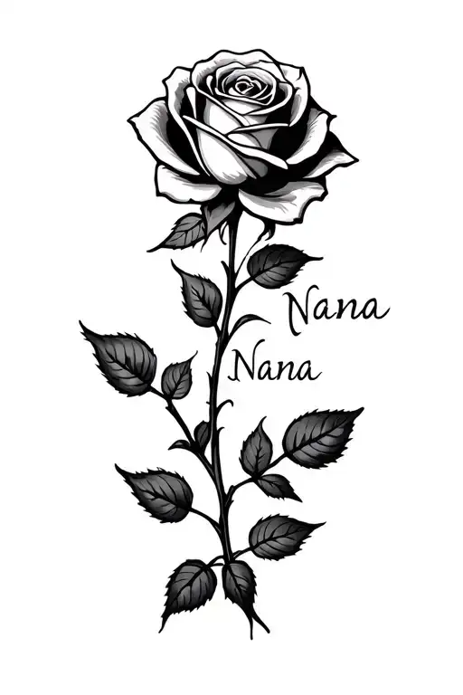 "Nana" "Nana" "Nana" rose with a name through it on the middle finger tattoo tattoo design idea