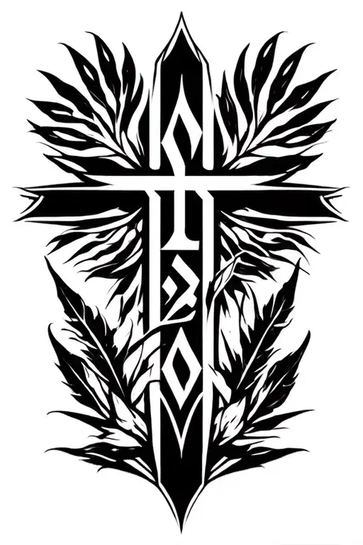 cross, palms leaves and yeshua in hebrew text tattoo design idea