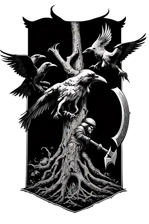 Norse mythology with the tree Yggdrasil, Odin’s ravens, and a Viking with a battle axe. tattoo design idea