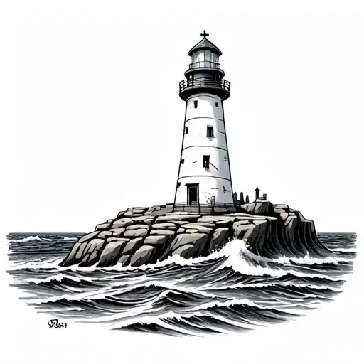 a lighthouse, with a cross on the top of the lighthouse, on the rocks surrounded by waves crashing tattoo design idea