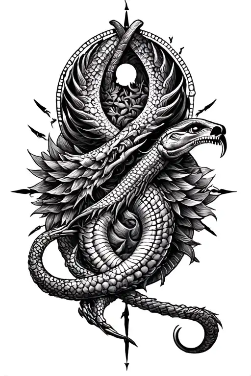 a masculine tattoo on amor fati with elements of ouroborus, amor fati resilience symbol  tattoo design idea