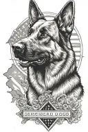 A detailed black and grey portrait of a german shepherd service dog mountain scene and American flag medic alert tattoo design idea