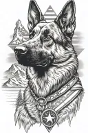 A detailed black and grey portrait of a german shepherd service dog mountain scene and American flag medic alert tattoo design idea