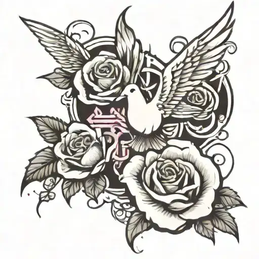 a rose with its thorns, a Christian cross, rays of sun, a May flower and two doves flying away tattoo design idea