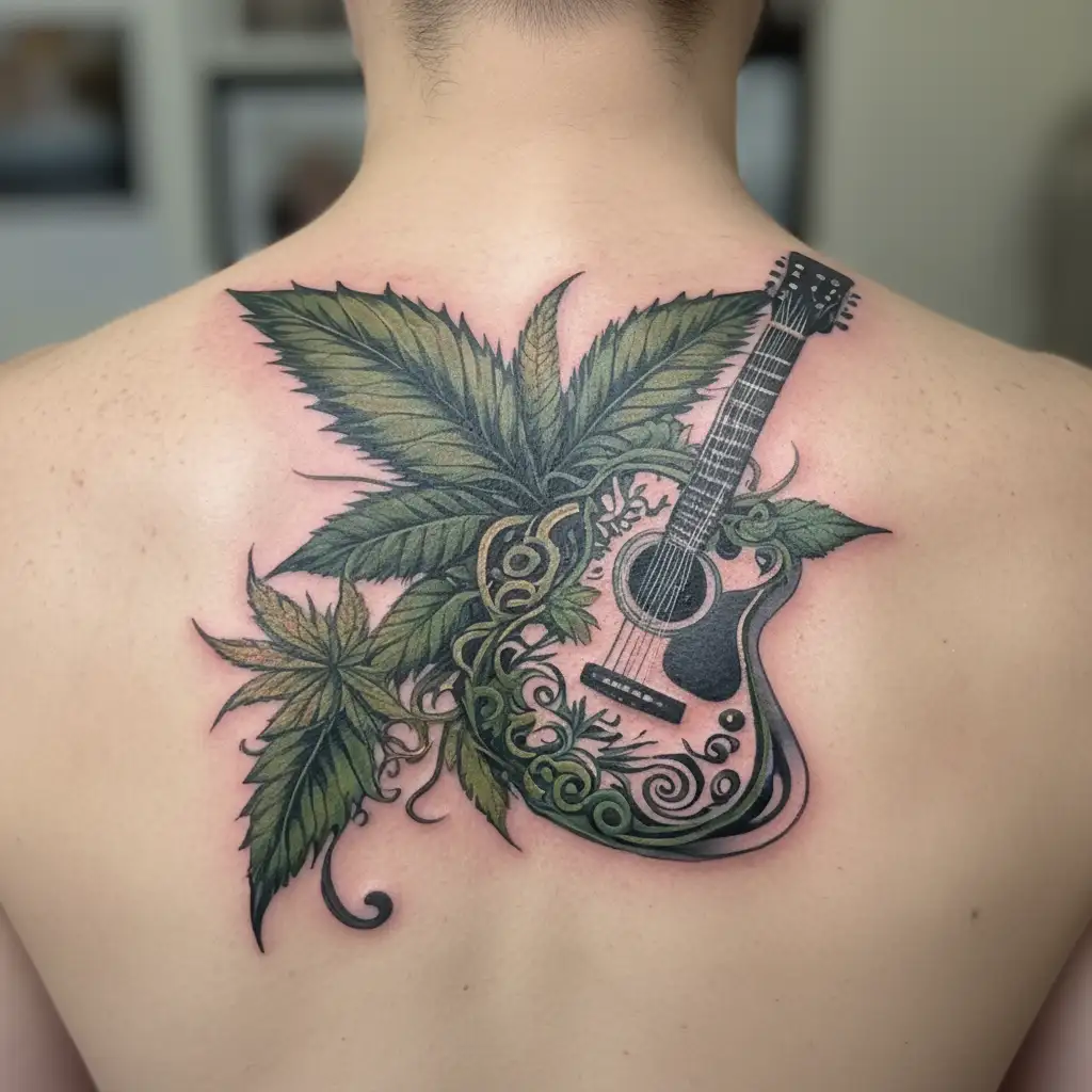 An abstract design of a guitar morphing into a cannabis leaf, representing your passion for music and weed tattoo design idea