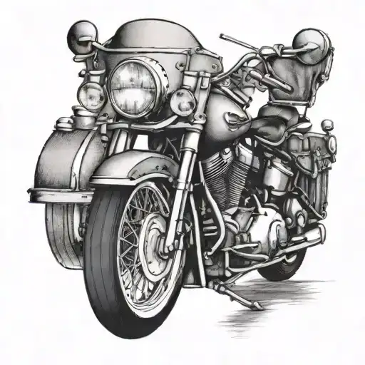 Create a dotwork tattoo of a Harley Davidson motorcycle with a drum set in the background tattoo design idea