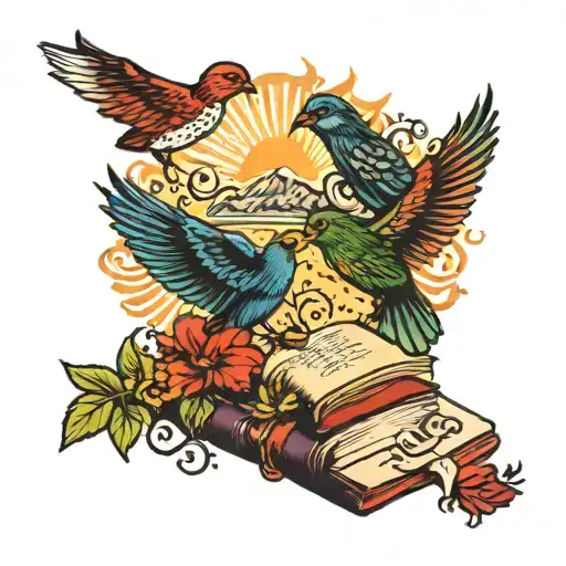 books with birds and the sun tattoo design idea
