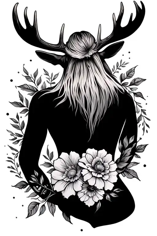 floral back tattoo incorporating a moose antler  tattoo design idea