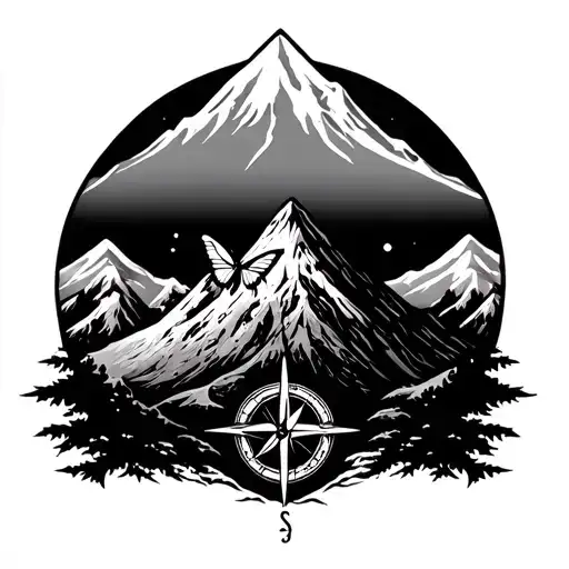 mountain peak, feature, roots, butterfly, compass, dance. minimalist tattoo design idea