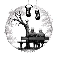 boxing gloves hanging from a tree, a halo above and an eldery couple sitting on a bench looking at it tattoo design idea