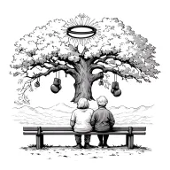 boxing gloves hanging from a tree, a halo above and an eldery couple sitting on a bench looking at it tattoo design idea
