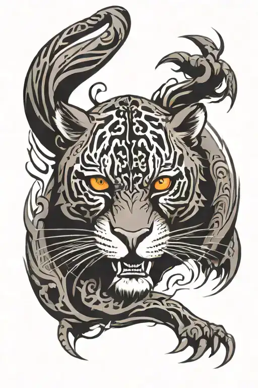 red and black panthers with fire eyes and behind tribals tattoo design idea
