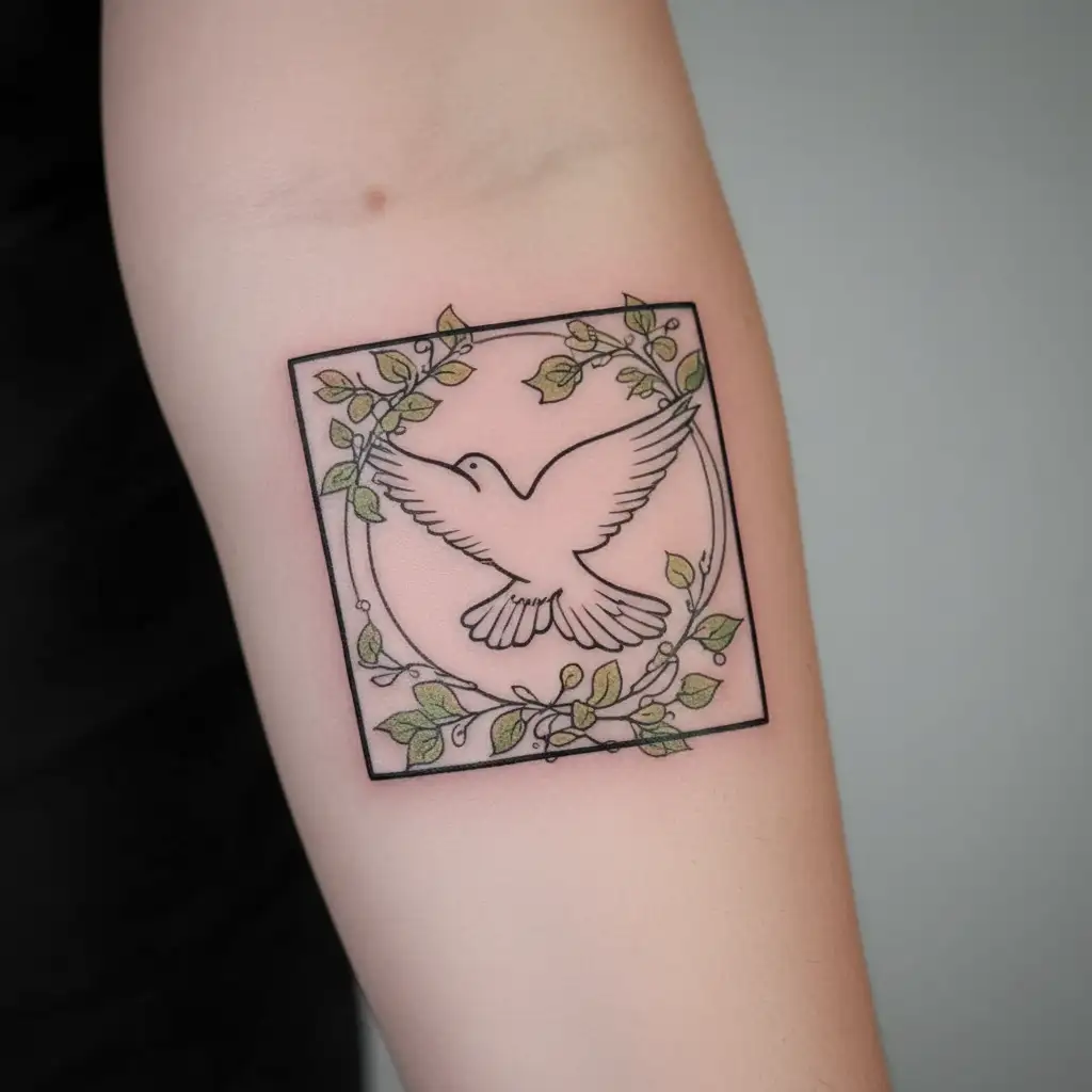 A minimalist tattoo design of a dove holding an olive branch and a connecting shamrock to connect Ireland and Palestine  tattoo design idea