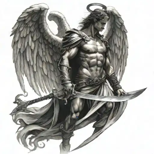 fallen angel of death with sword realism tattoo design idea