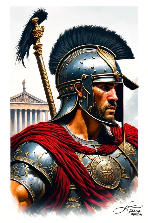 A real strong roman soldiers wearing a closed helmet in action with lighting and a Roman building in the background tattoo design idea