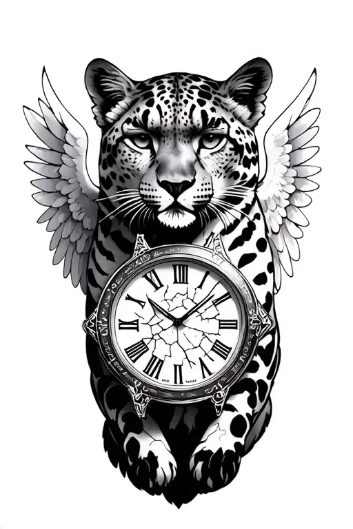 Guardian angel of a snow leopard with a cracked watch with Roman numerals tattoo design idea